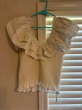 Lush Cream Smocked Ruffle Off-Shoulder Crop Top